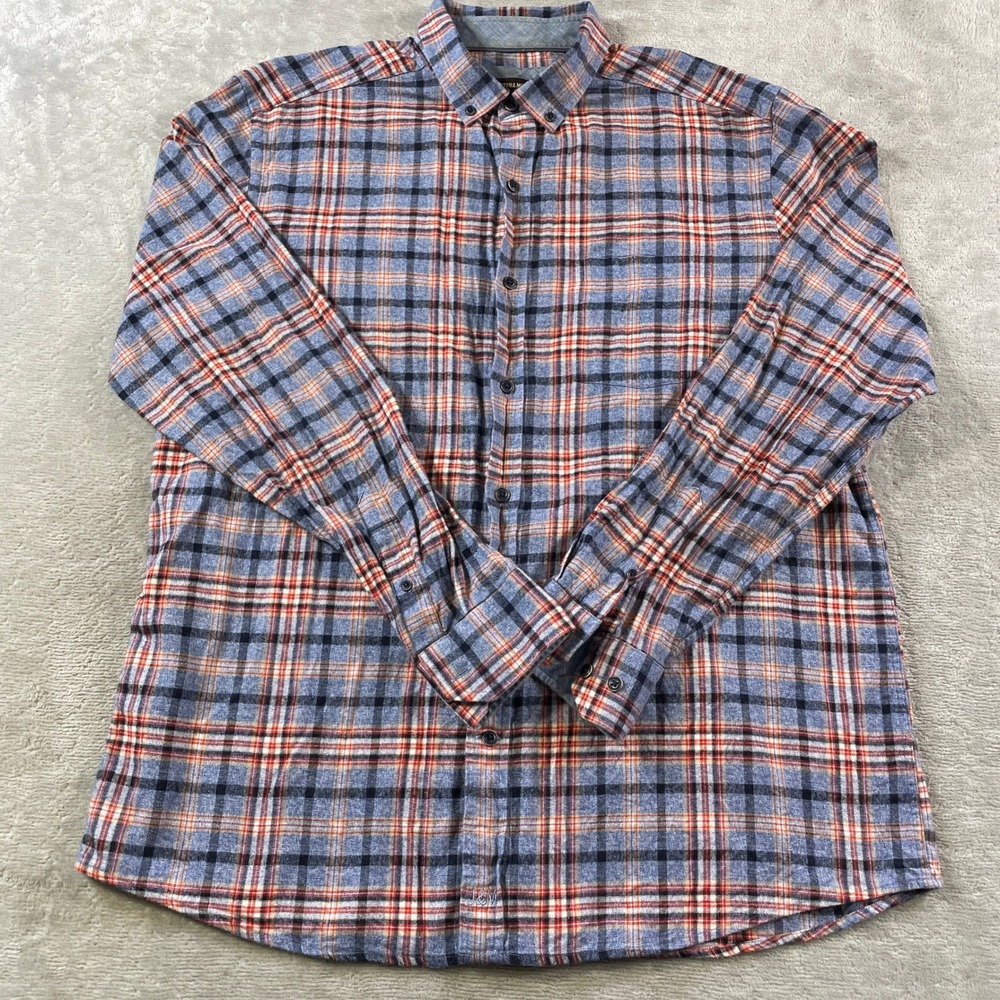 Johnston Murphy Flannel Shirt Mens Large Blue Orange Plaid Button Preppy Office